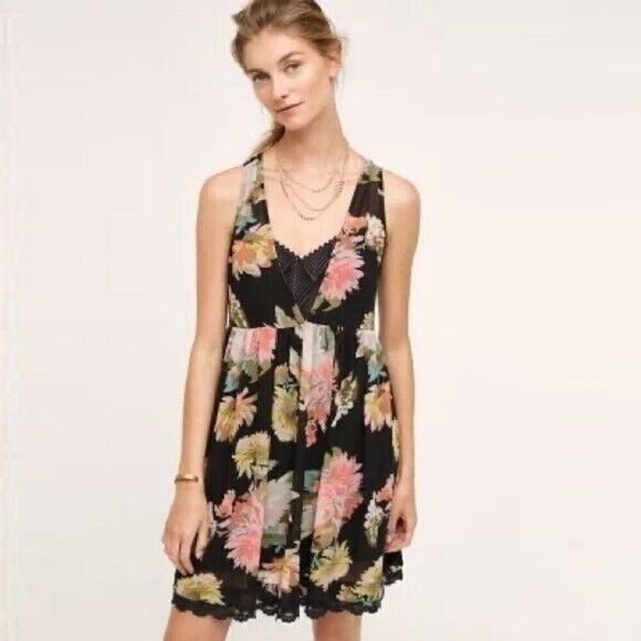 Anthropologie Maeve Violetta Black Floral Babydoll Swing Dress - Picture 1 of 10